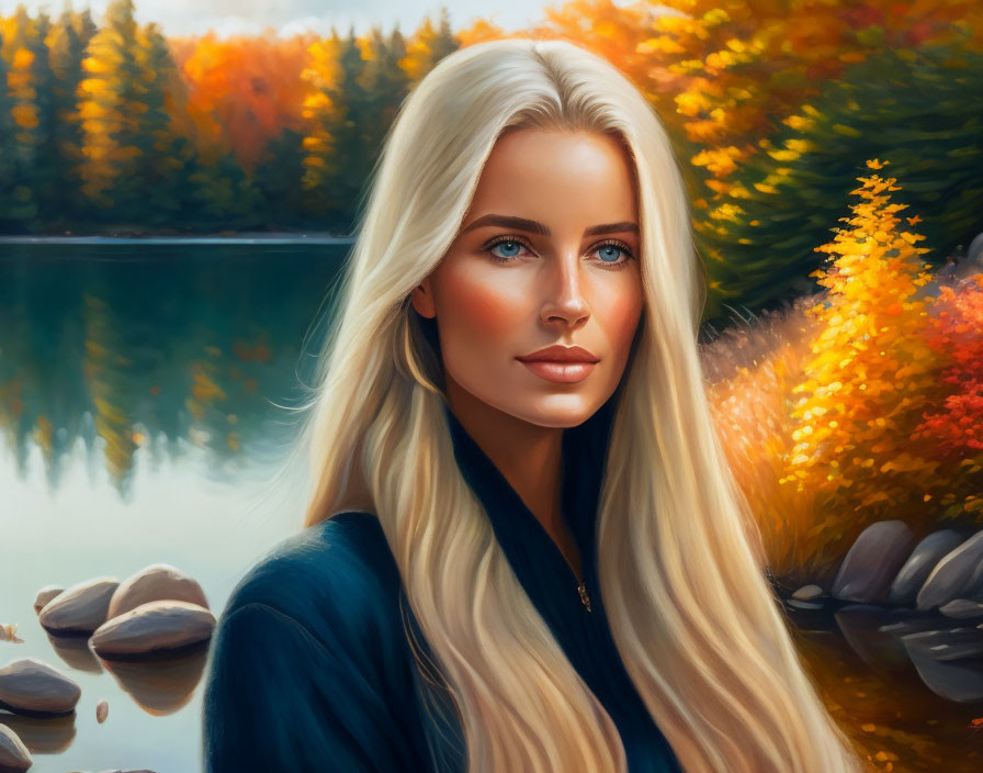 Blonde woman in autumn forest with lake view