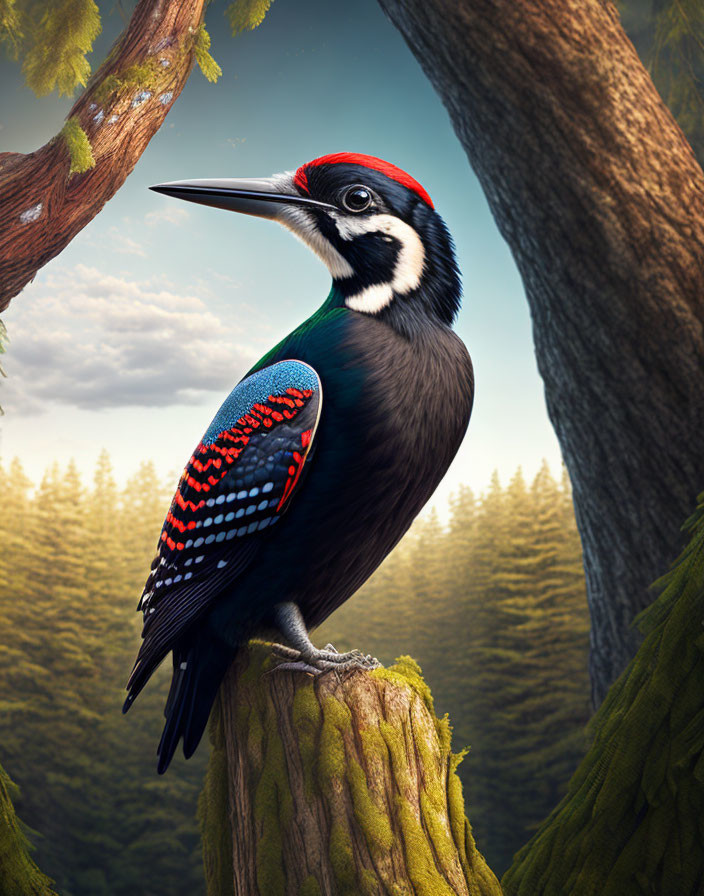 Vibrant woodpecker on tree stump in forest scenery