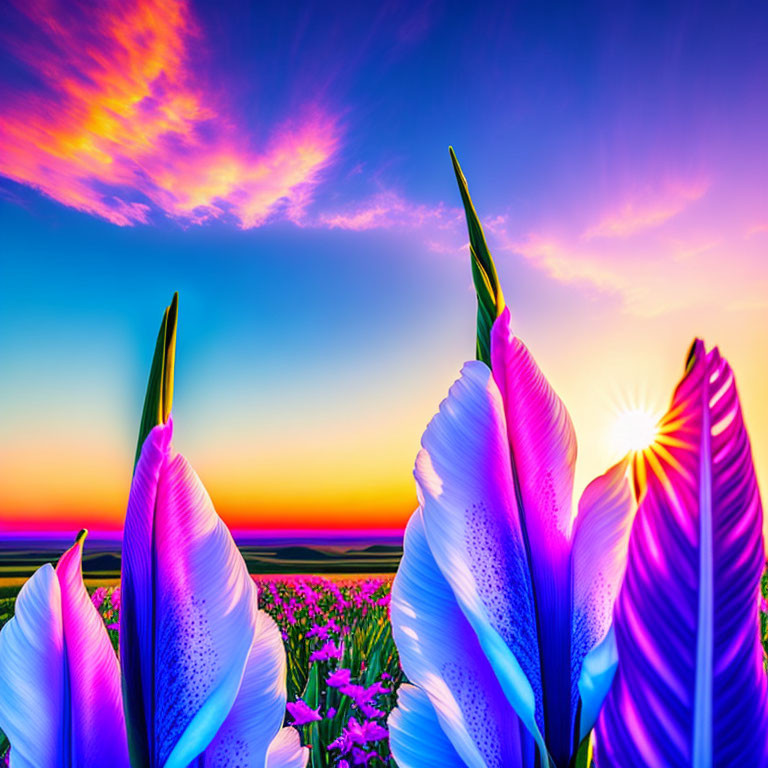 Purple and White Flowers with Colorful Sunset Sky