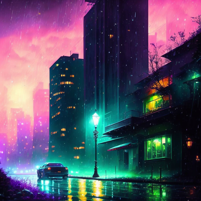 Vibrant night cityscape: neon lights, purple rain, glowing windows, street lamp, car