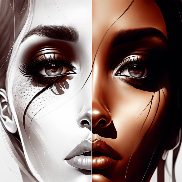 Split-face portrait of woman: monochrome vs. sepia, detailed eyes and lips