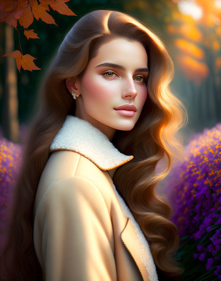 Blonde woman portrait in beige coat with autumn backdrop