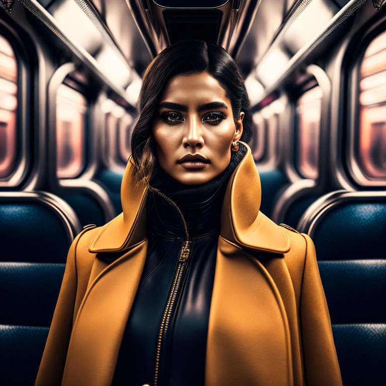 Bold Makeup Woman in Yellow Coat on Symmetrical Train