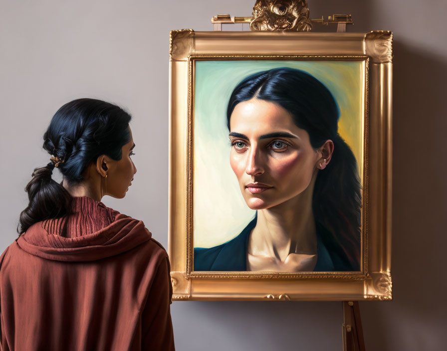 Braided woman admires framed portrait in soft light