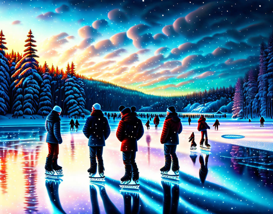 People ice skating on reflective surface under starry night sky with aurora above snowy forest landscape