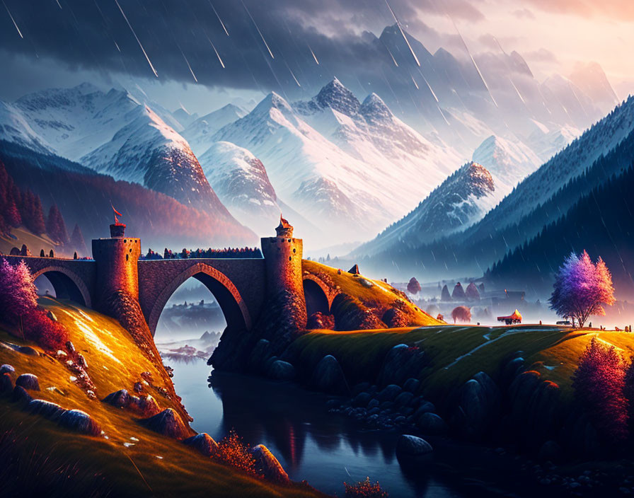 Fantasy landscape with arched stone bridge, vibrant trees, snowy mountains, starry sky.