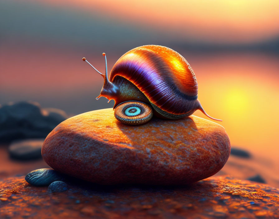 Colorful snail on shiny shell against orange bokeh.