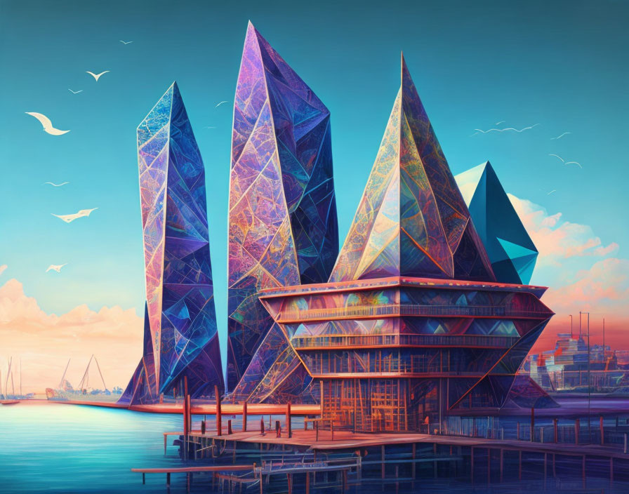 Futuristic crystalline waterfront buildings with sailing boats and birds