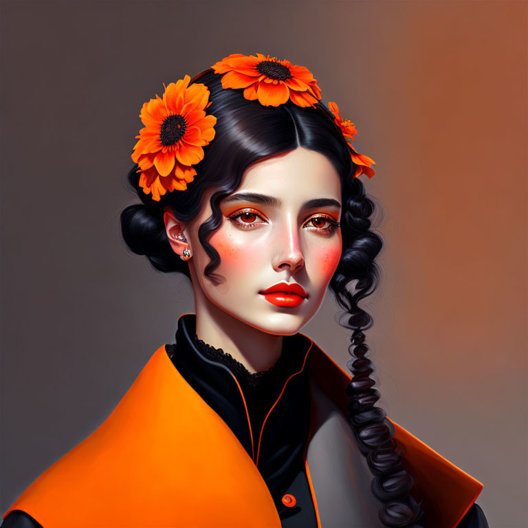 Detailed illustration of woman with dark hair in buns and curls, adorned with orange flowers, striking eyes