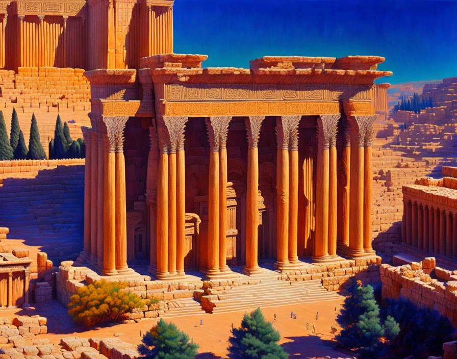 Ancient ornate temple with towering columns in desert landscape