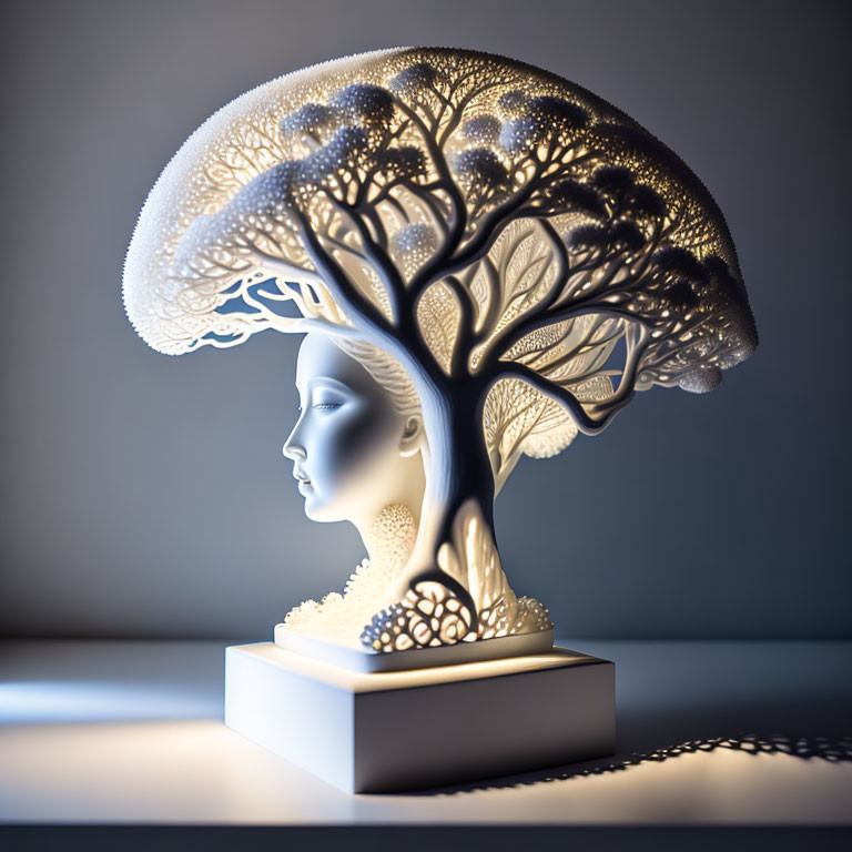 Sculptural lamp with woman's face and tree design casting warm light