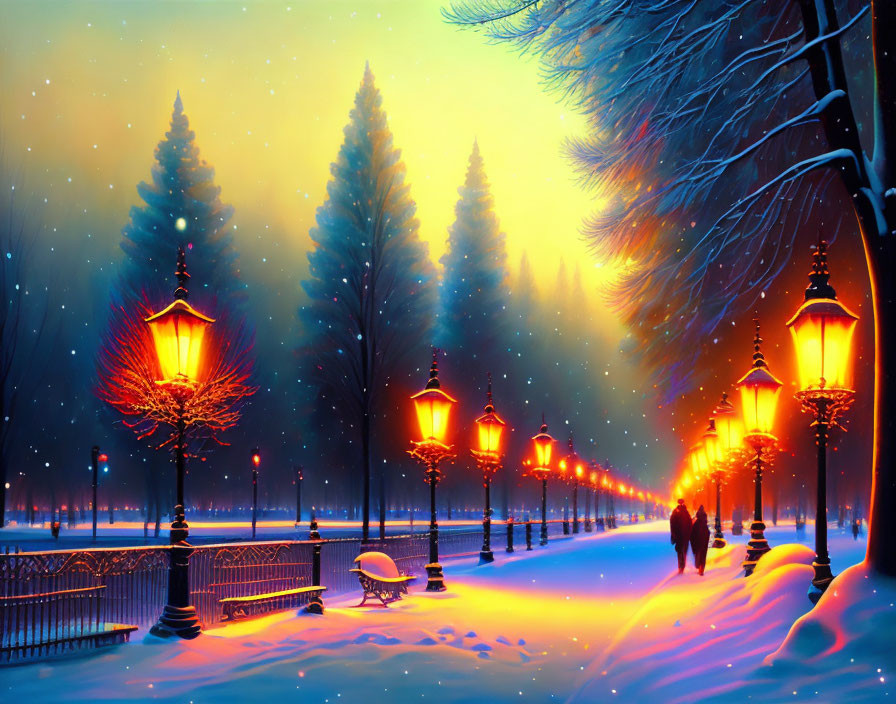 Snowy Dusk Park Scene with Glowing Streetlamps and Silhouettes