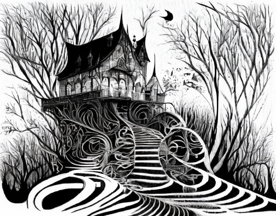 Monochrome Victorian haunted house on swirling grounds.