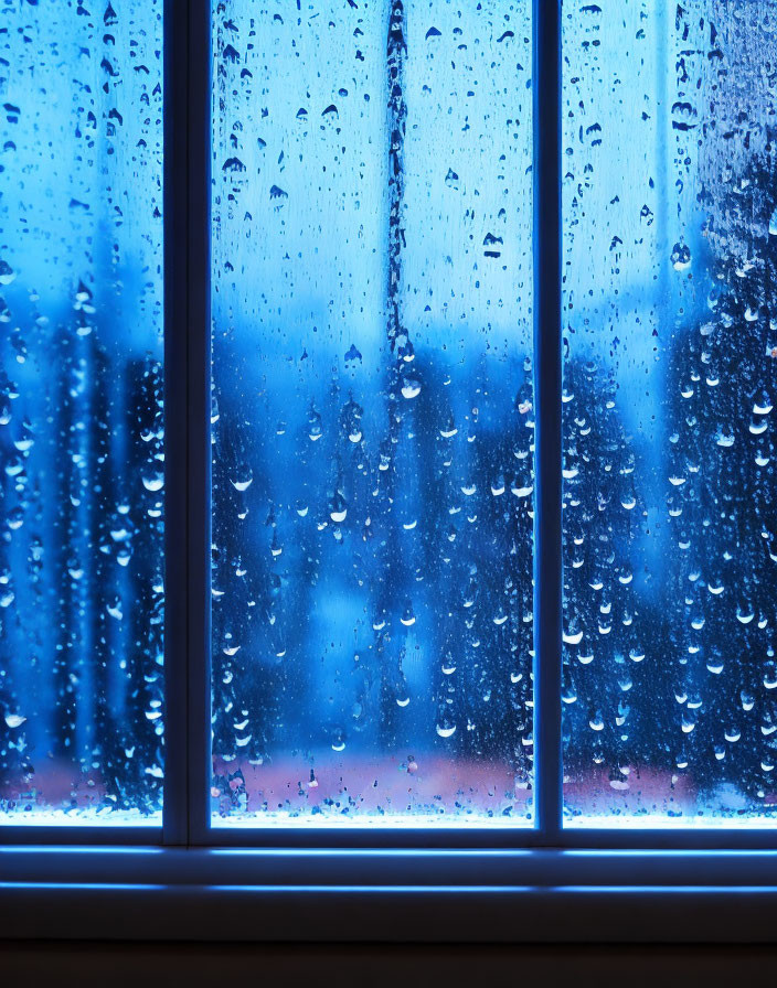 Raindrops on glass window framing blurred blue and grey outdoor scene.