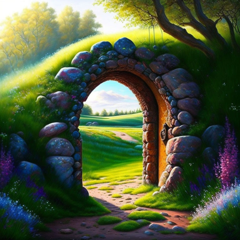 Illustrated arched stone gateway in lush green landscape under clear blue sky