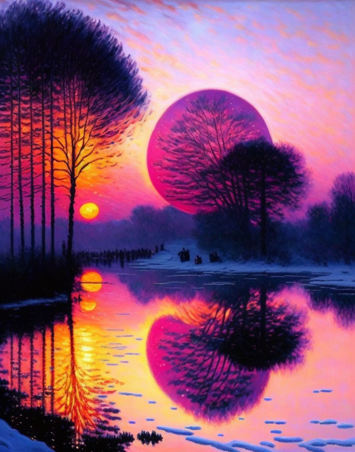 Vibrant sunset painting: large reddish-pink moon reflected on tranquil lake.