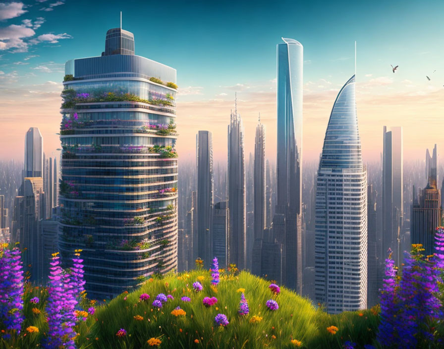 Futuristic cityscape with green skyscrapers and vibrant floral foreground at dawn