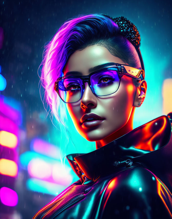 Vibrant neon-lit hair woman in stylish jacket and glasses artwork