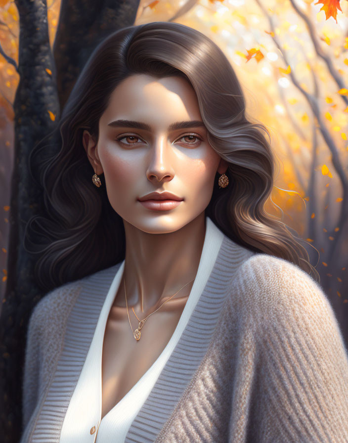 Digital portrait: Woman with wavy hair, white cardigan, autumn leaves.