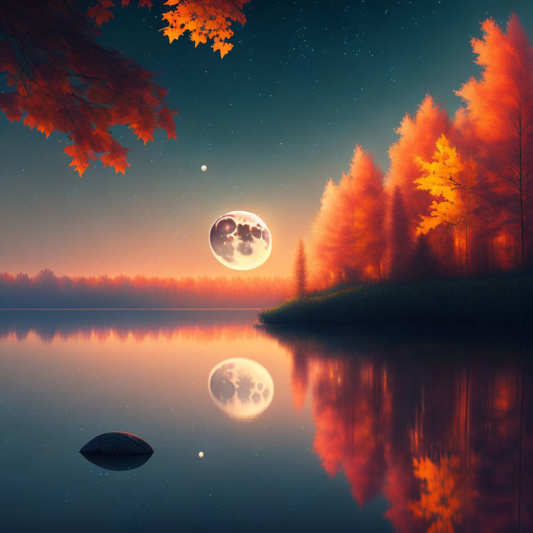 Twilight lake scene with full moon, orange trees, and starry sky