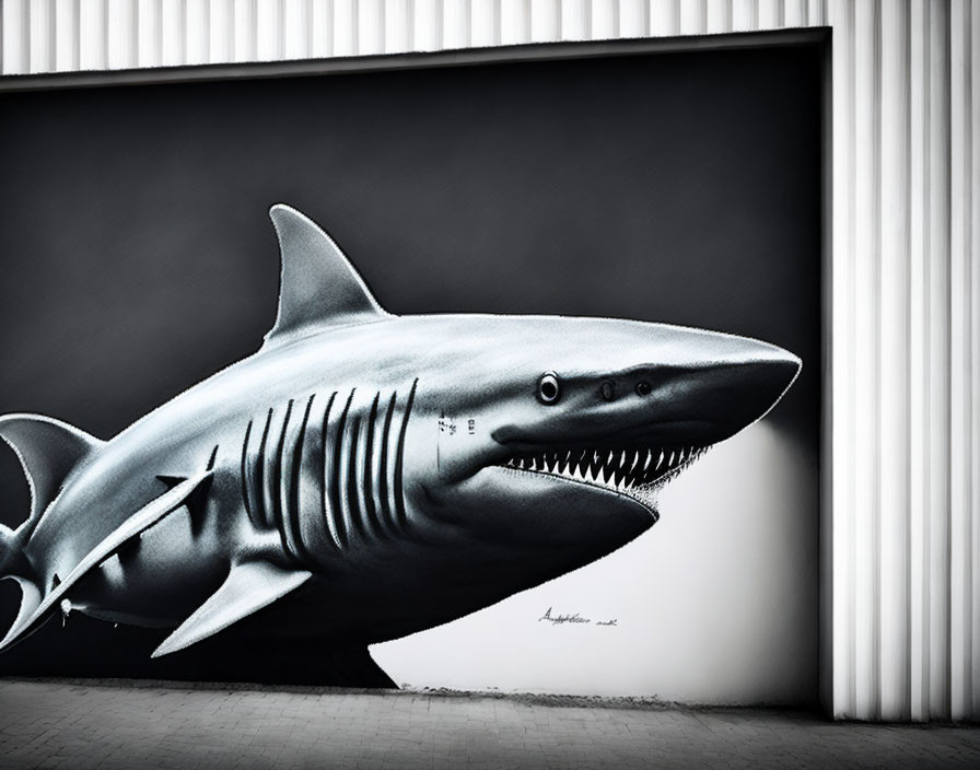 Realistic shark mural on corrugated wall with monochrome palette