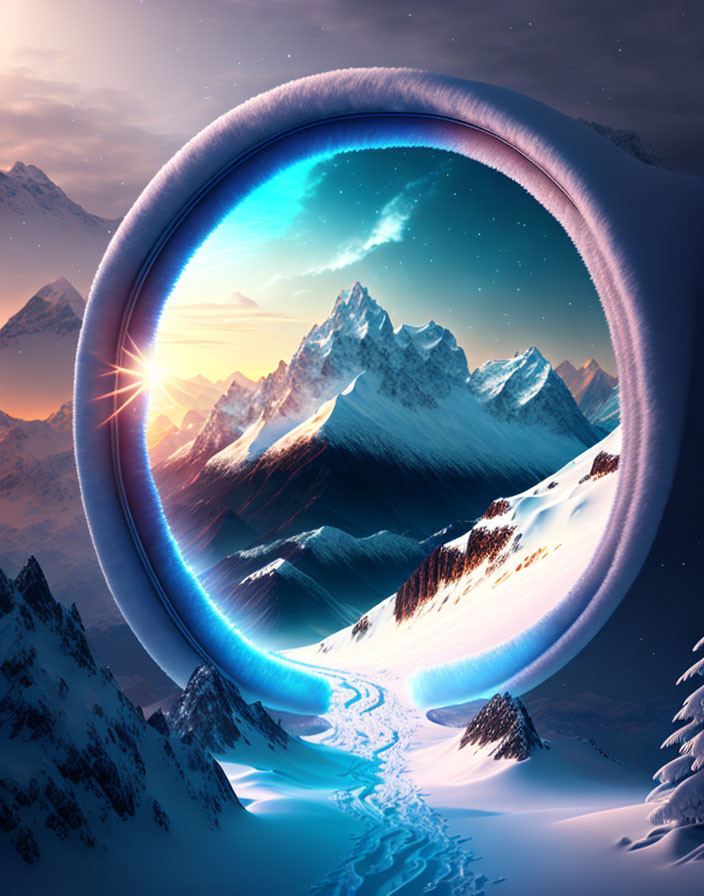 Surreal portal above snowy mountains reveals warm landscape