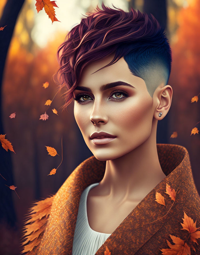 Stylized portrait of person with purple and blue hair in coat with autumn leaves against blurred fall backdrop