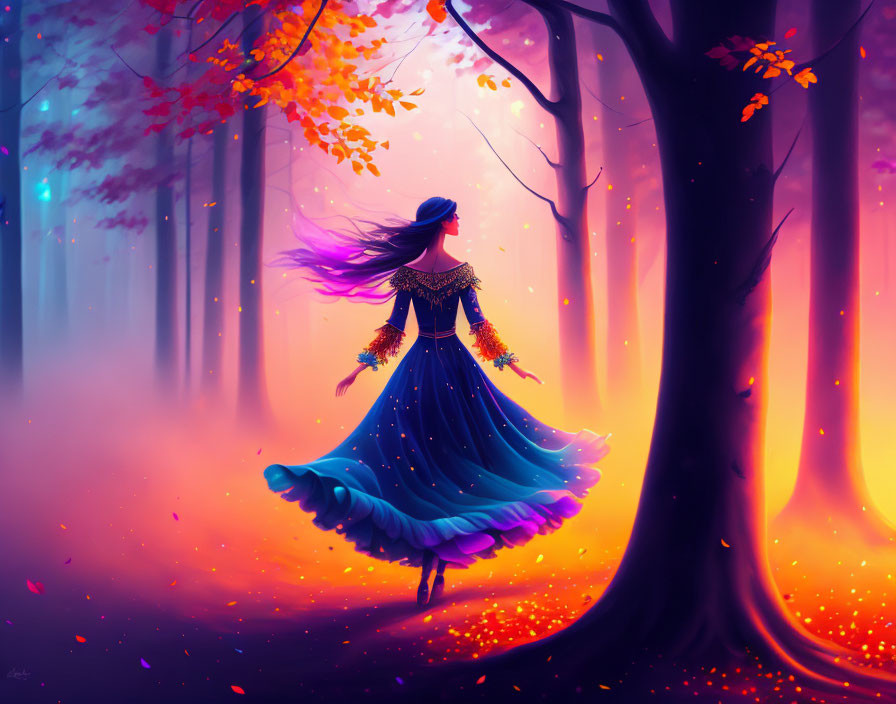 Woman in flowing blue dress in magical autumn forest with vibrant orange leaves and ethereal purple haze.