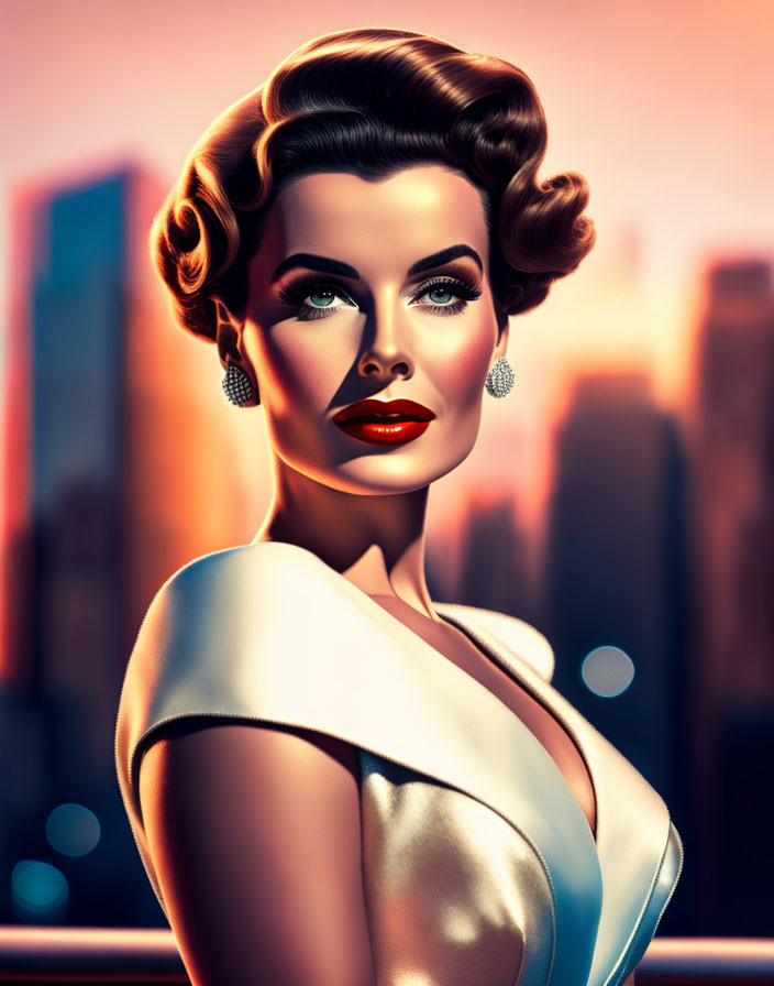 Vintage-style portrait of woman with classic Hollywood hair and makeup, red lips, earrings, city skyline at