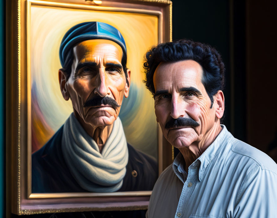 Man next to framed painting displaying striking resemblance