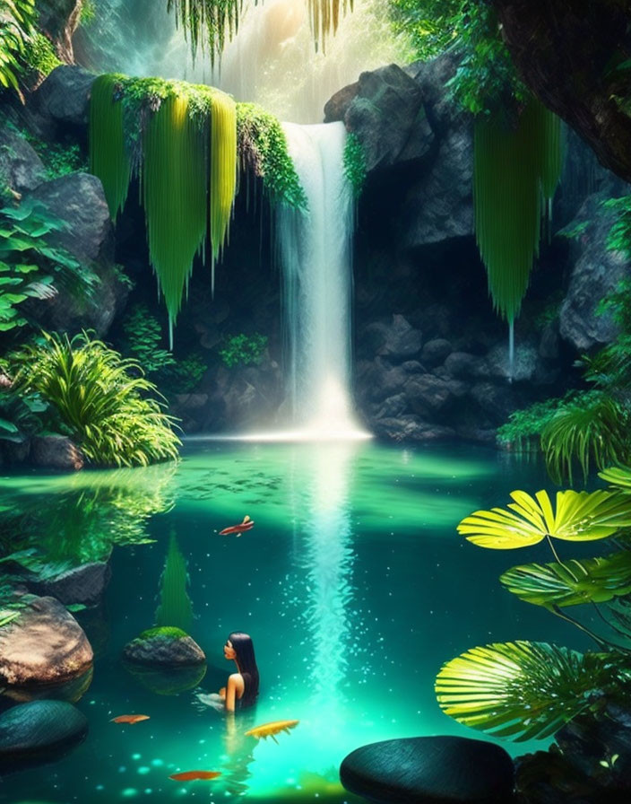 Tranquil waterfall scene with person on rock and lush greenery