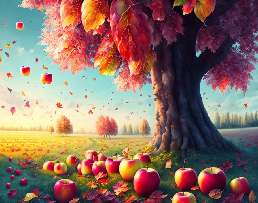 Vibrant autumn tree with floating red apples and colorful meadow