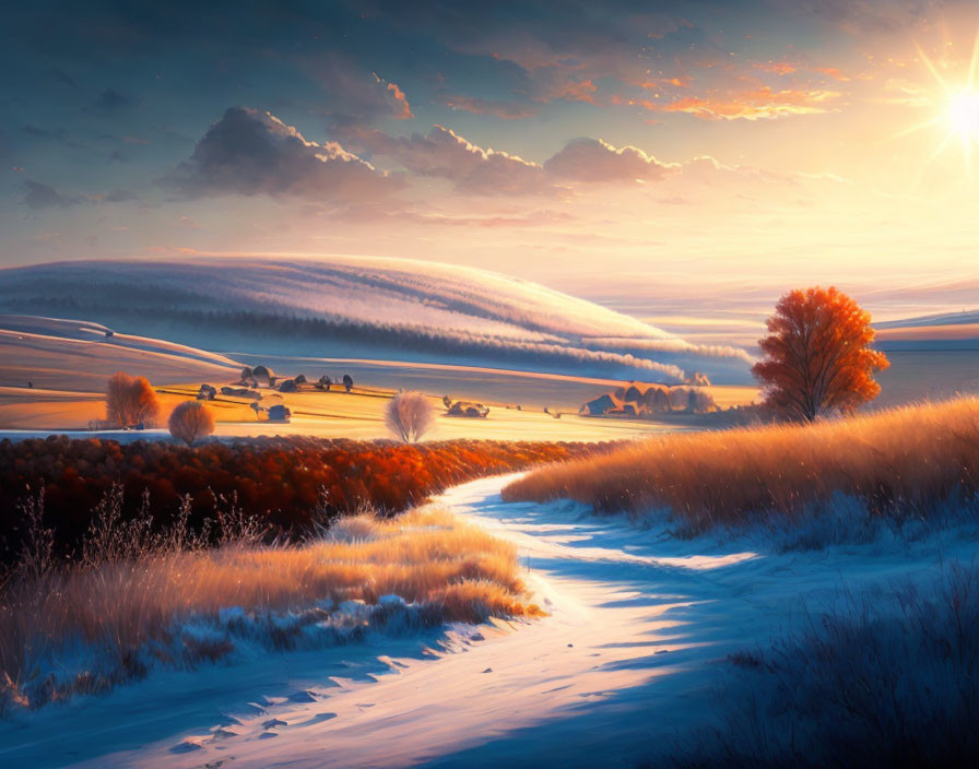 Tranquil sunset landscape with winding path, red tree, golden fields, rolling hills.