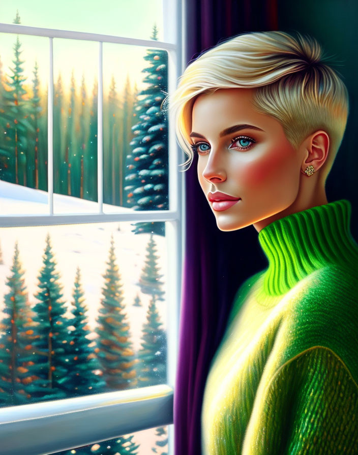 Blonde Woman in Green Turtleneck by Window Snowy Forest View