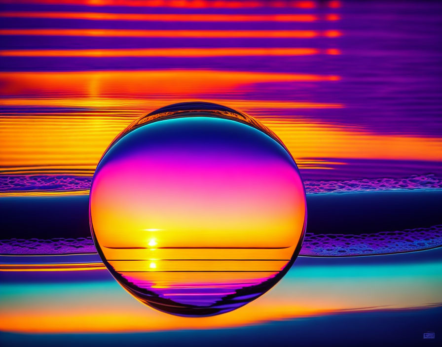 Colorful sunset reflected in vibrant glass sphere over rippling water