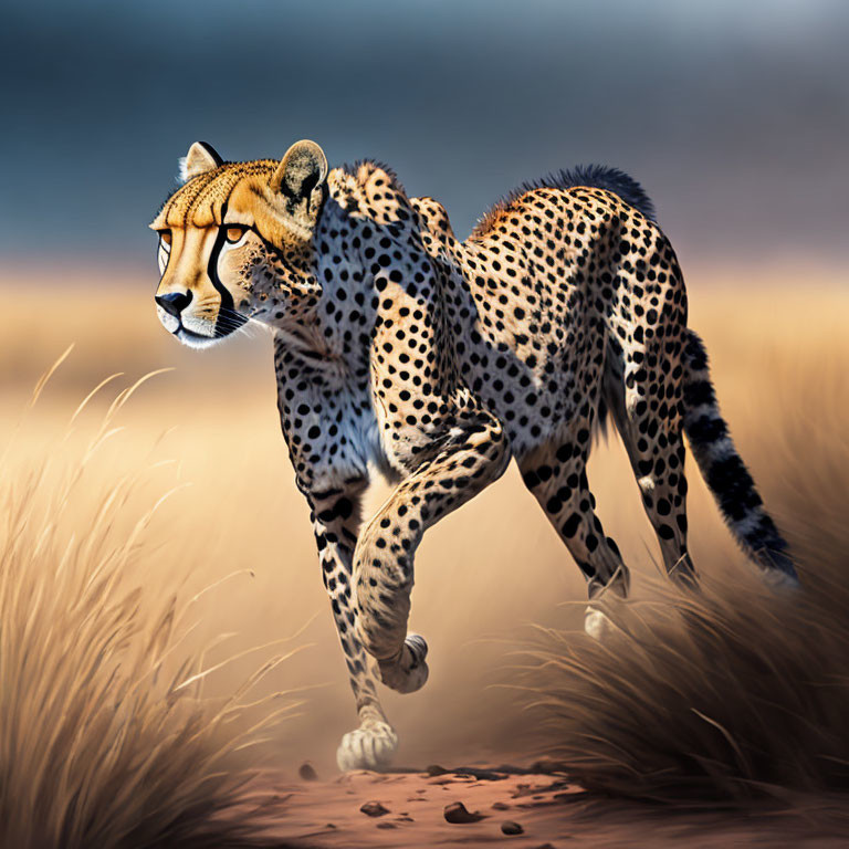 Cheetah running in grassy savannah with blurred background