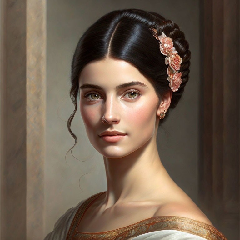 Young woman portrait with elegant rose-adorned hairstyle