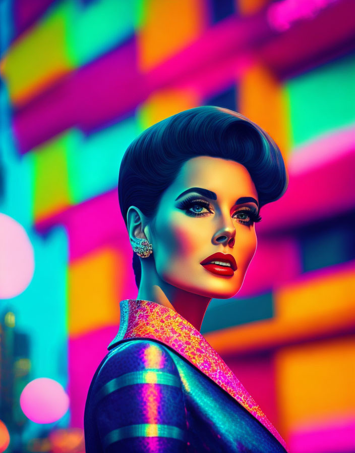 Colorful portrait of woman with retro style in neon cityscape.