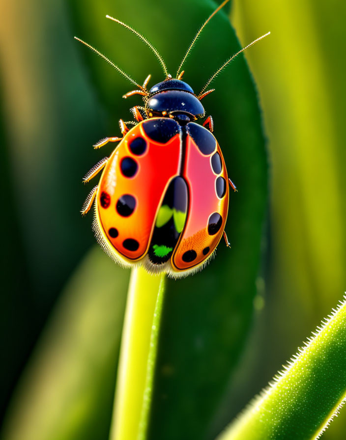 Vibrant ladybug with red shell and black spots on green leaf.