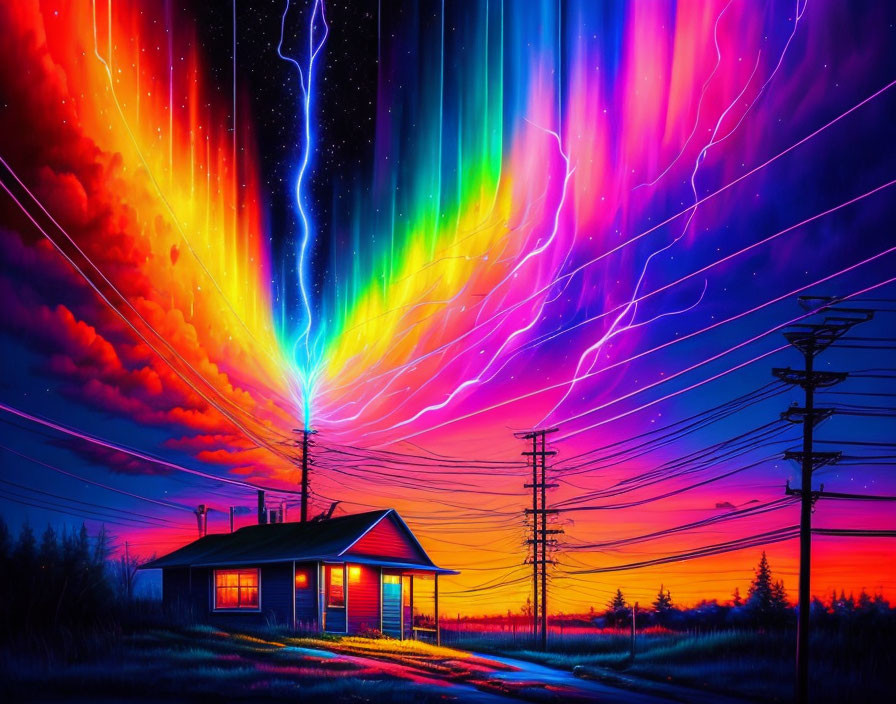 Colorful digital artwork: Glowing house under surreal aurora