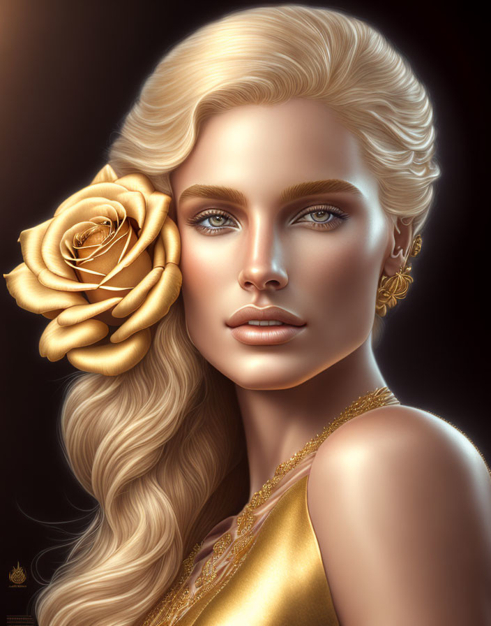 Blonde Woman with Blue Eyes Holding Golden Rose and Wearing Gold Accessories