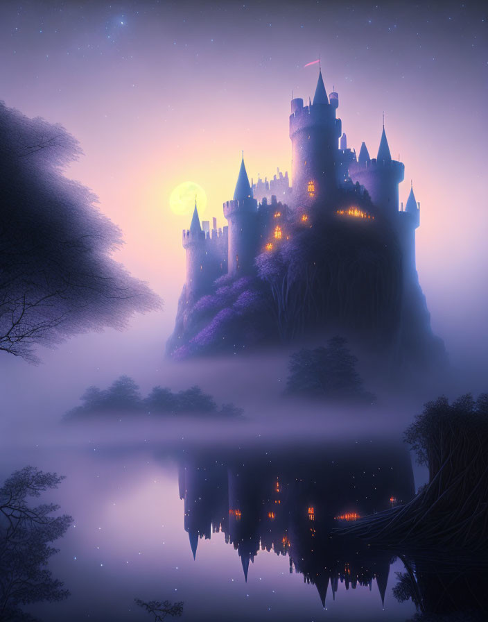 Mystical castle on cliff in moonlit night over serene lake