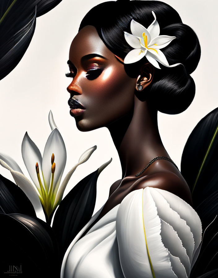 Dark-skinned woman with stylized makeup, white flower bun, off-shoulder dress, and