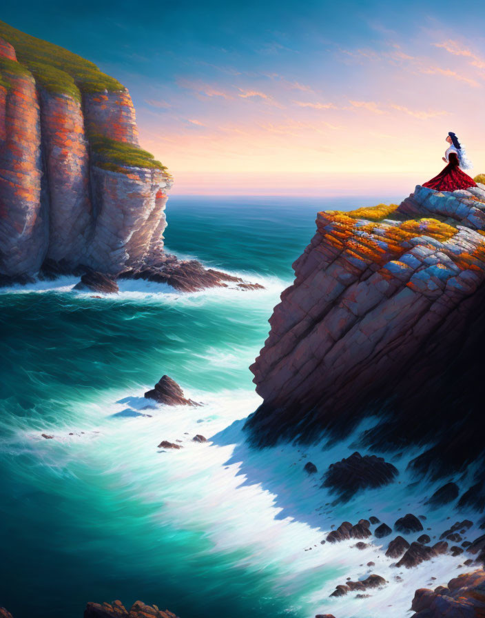 Person in red on cliff overlooking serene ocean at sunset