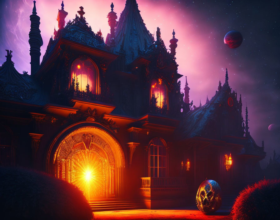 Gothic mansion under purple sky with celestial bodies and glowing windows