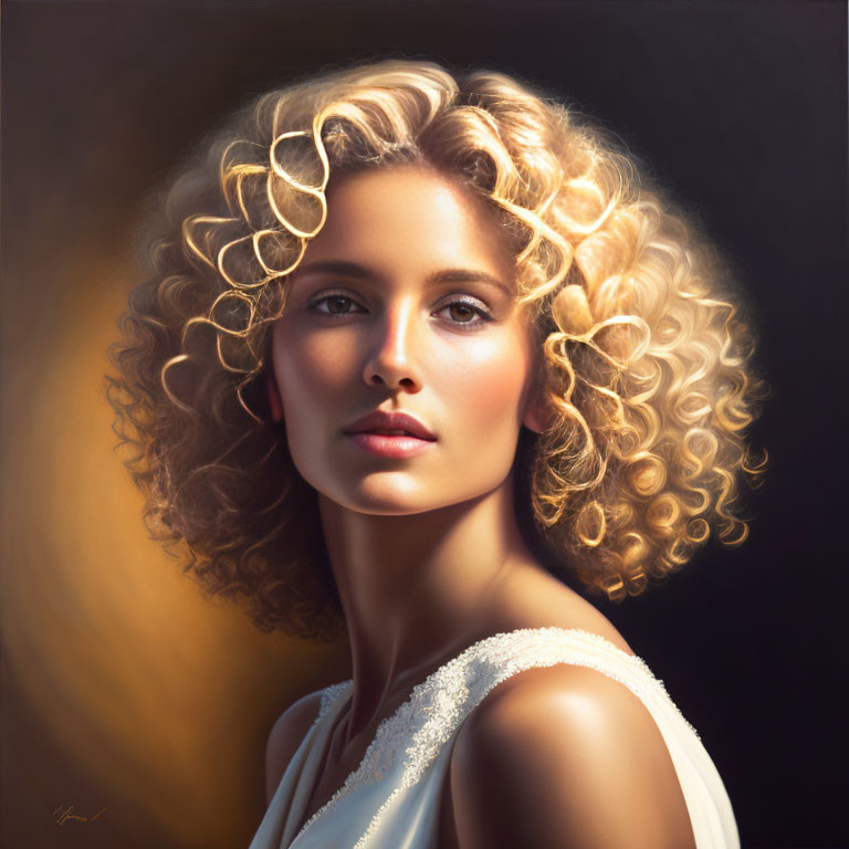 Blonde Curly Hair Woman Portrait with Glowing Background