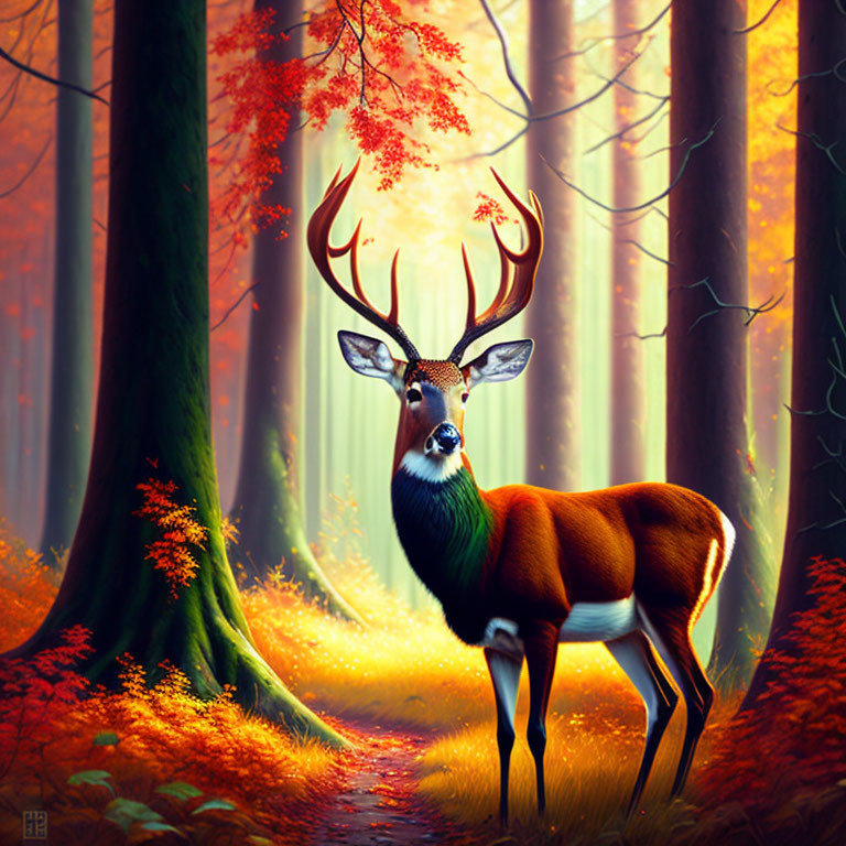 Majestic deer in autumn forest with magical light