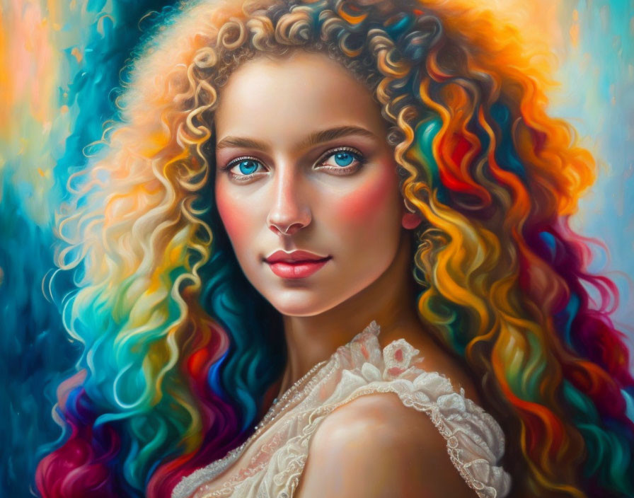 Colorful portrait of woman with rainbow hair and blue eyes in lace dress