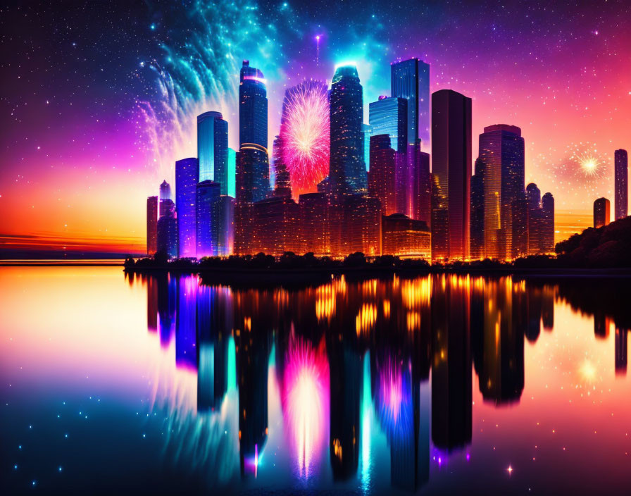 City skyline at night with skyscrapers, starry sky, colorful nebulas, and fireworks