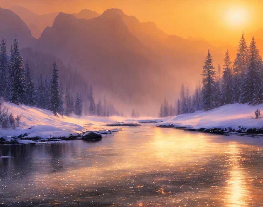 Snowy landscape at sunset: River, snow-covered trees, misty mountains